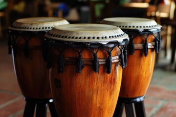 Poster - Wooden drums placed on a brick floor, suitable for music or cultural events