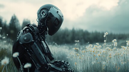 Poster - Futuristic robot sitting in flower field contemplating nature