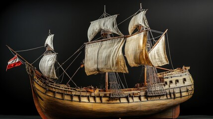 Poster - A wooden model of a sailing ship displayed on a table, perfect for decorative purposes or as a prop in a scene