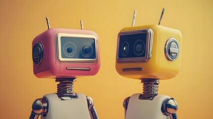 Poster - Two colorful robots standing on yellow background: artificial intelligence concept