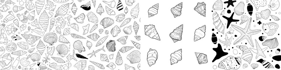 Poster - A modern seamless pattern featuring hand-drawn sea shells in black, set against a textured seashell background