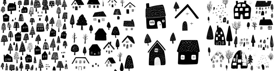 Poster - Modern cartoon set of tiny houses in the countryside featuring trees, roofs, windows, and chimneys in cute colors with isolated architecture illustration on a white background