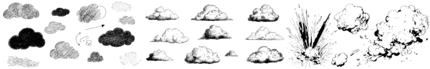 Leinwandbilder - Doodle clouds are set amidst hand drawn linear weather in a cartoon sketch of the sky with fluffy elements in modern illustration