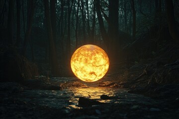 Poster - A mysterious glowing ball sits amidst trees in a dense forest, ideal for use as a symbol or metaphor in various contexts