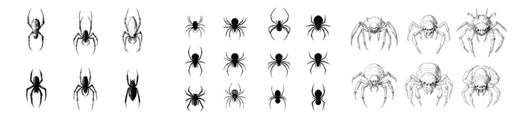 Poster - Spider sketches depict spiders in a vintage drawing style, showcasing poisonous arachnids and insects on a spiderweb, symbolizing creepy danger and tarantulas in a modern illustration set