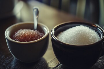Poster - A simple still life setup featuring two cups and a spoon on a wooden table