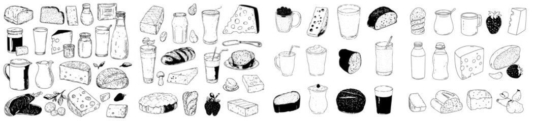 Aufkleber - Engraved illustrations of dairy products, including a milk jug, butter, cottage cheese, and yogurt, symbolizing organic and fresh nutrition from rural farms that produce handmade food with high
