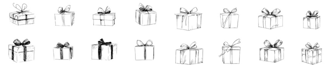 Poster - Hand-drawn retro monochrome vintage style gift boxes, featuring paper present packages with bows, wrapped celebration holiday containers, isolated on a modern white background