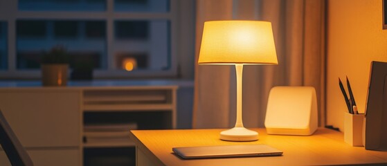 Poster - A simple office desk with a lamp on top