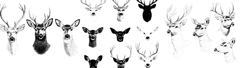 Aufkleber - Engraving images of deer heads, which are horned animal avatars representing different breeds of herbivorous forest inhabitants symbolizing nature and elegance, depicted in retro black monochrome