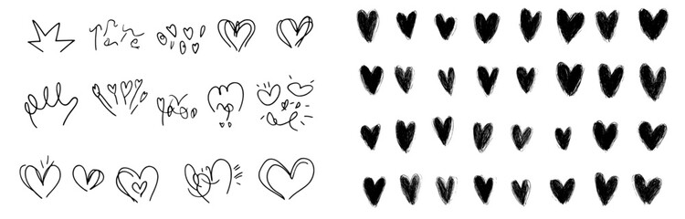 Leinwandbilder - Doodle hearts, hand drawing romance symbols, and heart shape icons make up a modern illustration with love elements in black ink outline