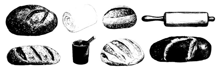 Poster - A watercolor set named bread features a bakery with flour products, wheat, a rolling pin, flour dough, food, a chef hat, and a wooden board in a modern illustration