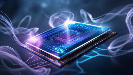 Poster - Visual representation of a modern microprocessor surrounded by digital effects at a tech event