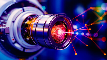 Poster - Optical Innovation: A close-up of advanced optical technology, intricate lens and data streams, showcasing innovation in the field of scientific research and development.