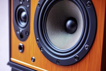 Aufkleber - A detailed view of a speaker sitting on a wooden table, suitable for presentations or product demonstrations