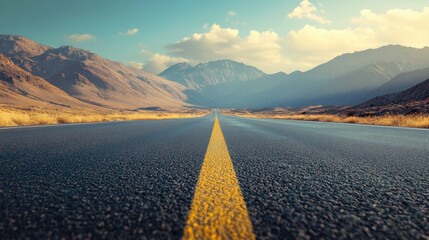 Poster - A long, winding road stretches across a mountainous terrain, with peaks and valleys in the distance