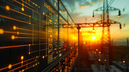 Poster - power grid at sunset: a dynamic view of a power grid control panel, illustrating the efficient manag