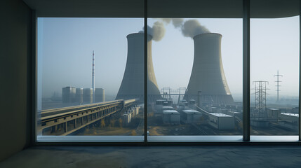 Poster - industrial panorama: a compelling view of a modern industrial plant through a large window, showcasi