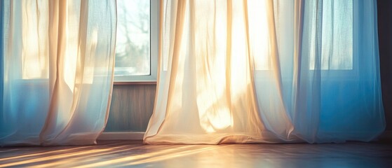 Poster - A warm ray of sunlight shines through the open curtains of a window, casting a bright glow