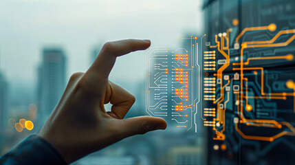 Poster - Tech's Guiding Hand: A person's hand carefully holds a futuristic microchip, its circuits glowing with digital energy.