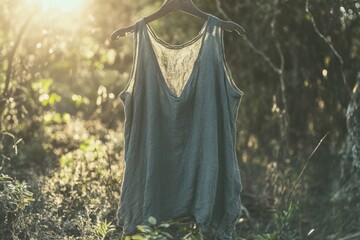 Poster - A shirt hangs on a rustic clothes rack amidst the trees in a woodland setting