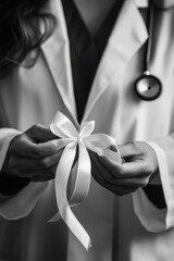 Poster - A woman wearing a lab coat holds a white ribbon, ready for a medical or scientific purpose