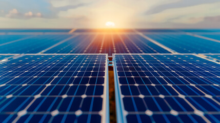 Poster - Solar Energy Array at Sunrise: A striking view of a vast solar energy array at dawn. Capturing the glow of the sun casting light and hope on the future.