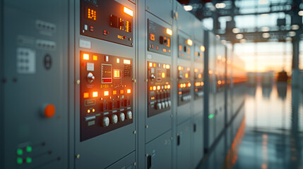 Poster - Industrial Control Panel: The image showcases an industrial control panel, with its array of buttons, gauges, and illuminated displays. The interior of a large facility with a hint of natural light. 