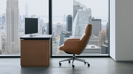 Poster - Modern Office with City View: An inviting office space offers stunning panoramic city views. The focus is on the desk, chair, and the sprawling urban backdrop.