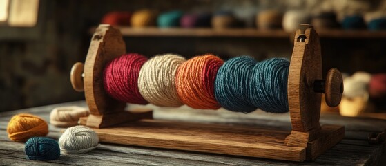 Poster - A traditional spinning machine used for weaving or knitting, placed on a wooden table with yarn ready to be spun