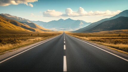 Poster - A scenic view of a winding road leading into the distance, surrounded by majestic mountains