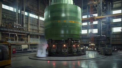 Poster - Industrial Precision: A monumental piece of machinery, possibly a reactor or significant industrial component, rests inside a expansive factory. The scene conveys precision, complex manufacturing.
