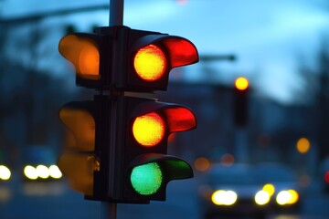 Aufkleber - A traffic light standing on a pole with green, yellow, and red lights