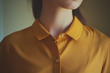 Poster - Close-up portrait of a woman wearing a bright yellow shirt, smiling