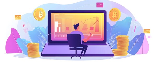 Poster - Trader analyzing bitcoin cryptocurrency price chart on laptop screen