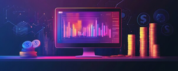 Leinwandbilder - Computer showing growing bar graph next to stacks of coins representing increasing profit