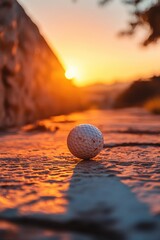 Poster - A golf ball sitting on the ground at sunset