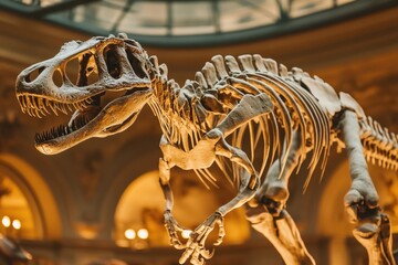 Poster - A fossilized T-Rex skeleton on display in a modern museum setting