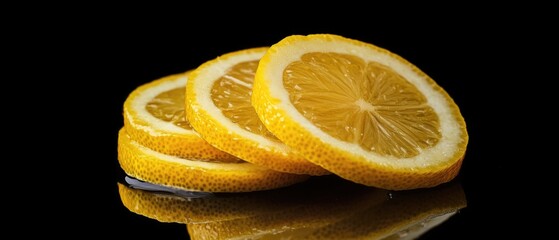 Poster - A close-up shot of sliced lemon on a reflective surface, perfect for use in food or still life photography