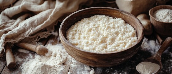 Poster - A single serving of rice placed on a wooden table, great for food photography or still life compositions
