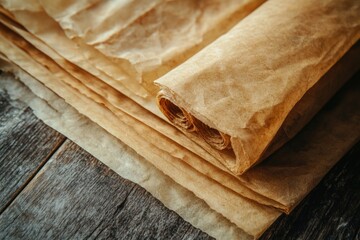 Poster - Stack of brown paper on a wooden table, great for office or home use
