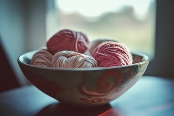Poster - A colorful yarn bowl sits on a wooden table, waiting for crafting projects