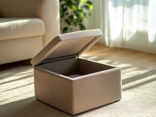 Poster - A small ottoman sits on the floor of a cozy living room, perfect for placing a footrest or extra seating