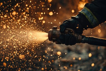 Poster - A firefighter sprays water on a fire hydrant, ready for emergency response