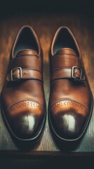 Aufkleber - A close-up shot of a pair of shoes placed on a table, with a simple and minimalist background