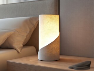 Poster - A lamp sitting on top of a wooden table next to a bed, great for interior design and decoration images