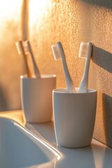 Poster - Two toothbrushes sitting in a cup on a kitchen counter
