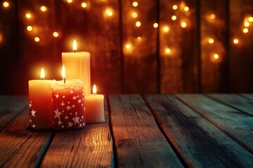 Poster - Candles light up a rustic table