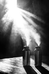 Poster - Two salt shakers placed on a wooden table, a simple kitchen utensil