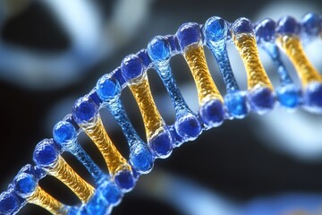 Poster - A microscopic view of a double-stranded DNA molecule with blue and yellow coloration, ideal for use in scientific or educational contexts